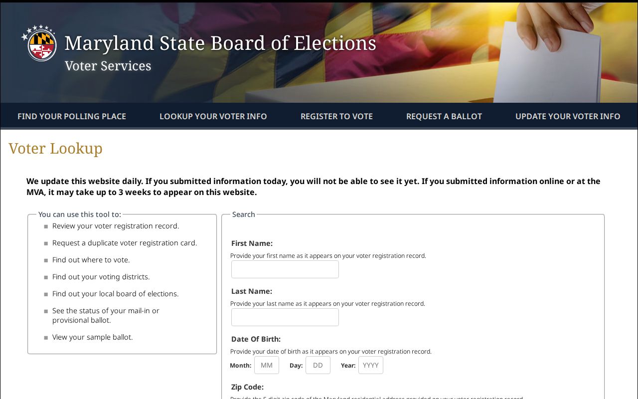 Chillum voter registration lookup form from Maryland Voter Lookup